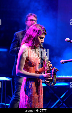 BARCELONA - APR 16: Eva Fernandez Group (jazz band) performs at Luz de Gas club on April 16, 2015 in Barcelona, Spain. Stock Photo