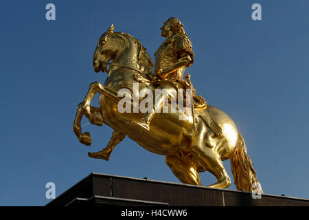 Gilt equestrian statue Friedrich August II on the new town-dweller market in Dresden, Europe, Germany, Dresden, Saxony Stock Photo