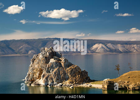 The cape Burhan and the Shaman Rock on the Olkhon Island at the Baikal Lake in Irkutsk region, Russia Stock Photo