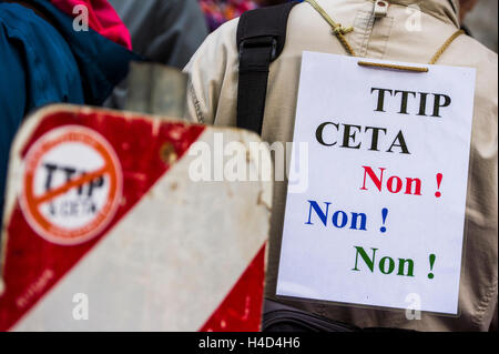 Illustration picture shows the 'Stop CETA' protest action in front of the Walloon Parliament in Namur, against the TTIP (Transatlantic Trade and Investment Partnership) and CETA (Comprehensive Economic and Trade Agreement) trade agreements between the EU, US and Canada, Thursday 13 October 2016. BELGA PHOTO LAURIE DIEFFEMBACQ Stock Photo