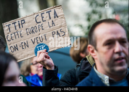 Illustration picture shows the 'Stop CETA' protest action in front of the Walloon Parliament in Namur, against the TTIP (Transatlantic Trade and Investment Partnership) and CETA (Comprehensive Economic and Trade Agreement) trade agreements between the EU, US and Canada, Thursday 13 October 2016. BELGA PHOTO LAURIE DIEFFEMBACQ Stock Photo