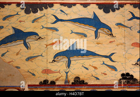 Crete, Knossos, palace complex the Minoer, dolphins, mural paintings in the Megaron the queen Stock Photo