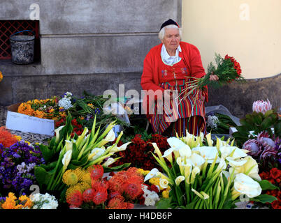 Island Madeira, Funchal, flower shop assistant in Camara national costume in front of the covered market Stock Photo