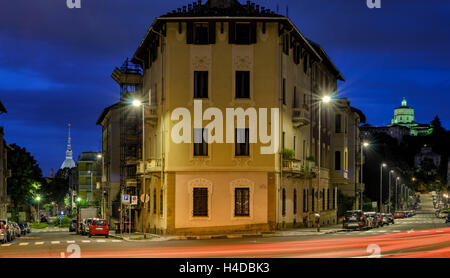 Turin, night scene with both the Mole Antonelliana and the Cappuccini Stock Photo