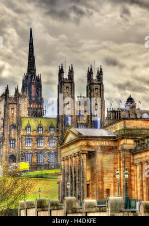 View of New College and the National Gallery of Scotland in Edinburgh Stock Photo