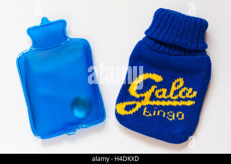 Bingo prize - Gala Bingo blue and yellow hand warmers showing cover and inner separated isolated on white background - handwarmers Stock Photo
