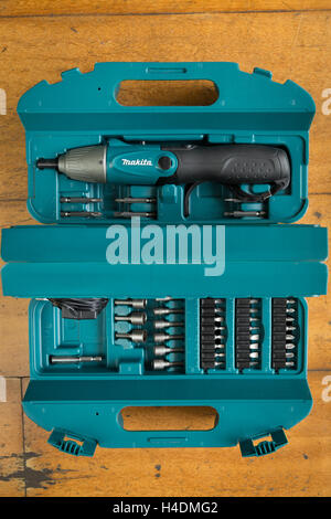 Old Makita cordless screwdriver kit with accessories Stock Photo