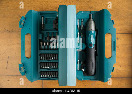 Old Makita cordless screwdriver kit with accessories Stock Photo