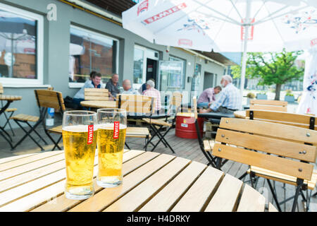 Polish Zywiec beers - on a table at Wydzial Remontowy pub outside the historic Gdansk Shipyard gate no 2, Gdansk, Poland, Europe Stock Photo