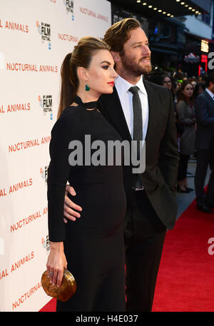 Armie Hammer and Elizabeth Chambers attending the 60th BFI London Film Festival screening of Nocturnal Animals held at Odeon Cinema in Leicester Square, London. Stock Photo