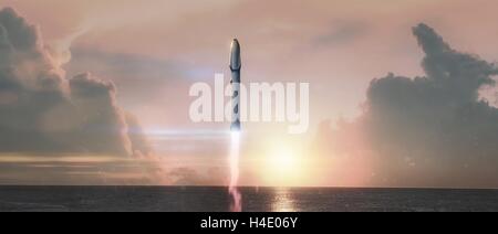 Artists concept illustration of the SpaceX Interplanetary Transport System which will combine the most powerful rocket ever built with a spaceship designed to carry at least 100 people to the Mars per flight. The reusable ITS will help humanity establish a permanent, self-sustaining colony on the Red Planet within the next 50 to 100 years. Stock Photo