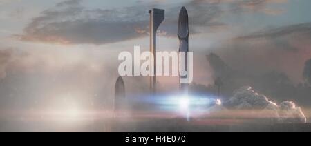 Artists concept illustration of the SpaceX Interplanetary Transport System launch vehicle departing Kennedy Space Center, with an ITS tanker standing by (at left) for a rapid launch. The reusable ITS will help humanity establish a permanent, self-sustaining colony on the Red Planet within the next 50 to 100 years. Stock Photo