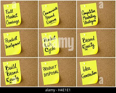 Photo collage of Business and Marketing notes written on yellow paper post-it pinned on cork board with white thumbtack. Busines Stock Photo