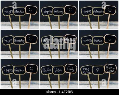 Photo collage of various greeting messages written with chalk on wooden mini blackboard labels Stock Photo