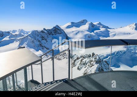 Viewpoint platform in Pitztal ski resort on sunny winter day, Austrian Alps Stock Photo