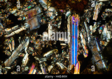 Plagioclase-Dolerite, Tedeswell Dale, Derbyshire, UK. Polarized photomicrograph Stock Photo