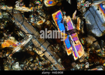 Plagioclase-Dolerite, Tedeswell Dale, Derbyshire, UK. Polarized photomicrograph Stock Photo