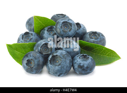 Blueberry fruit closeup with leaf isolated on white Stock Photo