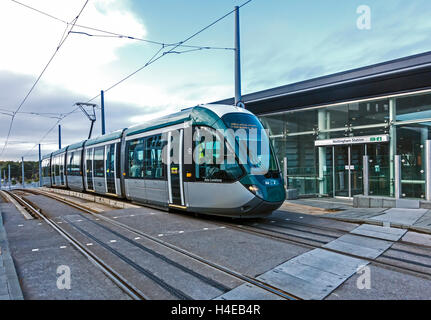 Ada Lovelace named tram arriving at the tram stop at Nottingham railway Station in Nottingham Nottinghamshire England Stock Photo