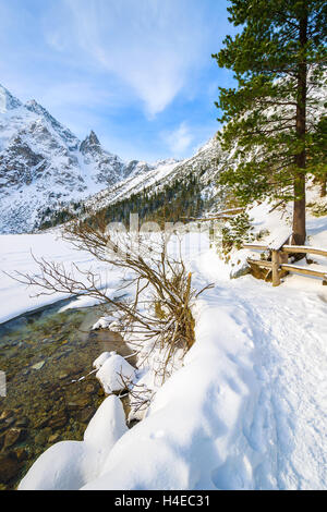 Hiking path along frozen Morskie Oko lake in winter, Tatra Mountains, Poland Stock Photo