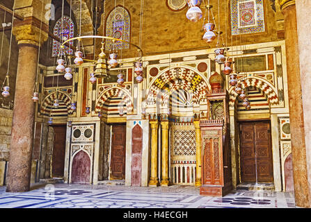 The prayer hall of mosque in Al-Nasir Muhammad funerary complex decorated with colorful stone patterns, Cairo Egypt Stock Photo