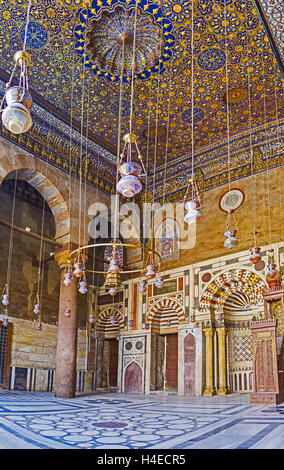 CAIRO, EGYPT - OCTOBER 10, 2014: The prayer hall of the mosque Al-Nasir Muhammad funerary complex decorated with colorful stone  Stock Photo