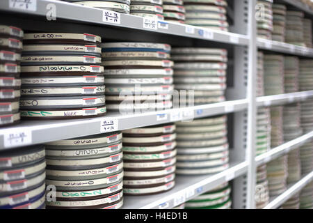 Storage reels in a high density library, an off-site environmentally controlled storage and preservation facility for university references. Stock Photo