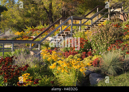 Staircase through flower garden up to Mt. Pleasant view point in Rotary Park Stock Photo