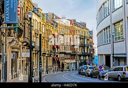 The beautiful line-up of facades on Rue Lebeau, that runs between Place du Grand Sablon and Place de l'Albertine Stock Photo