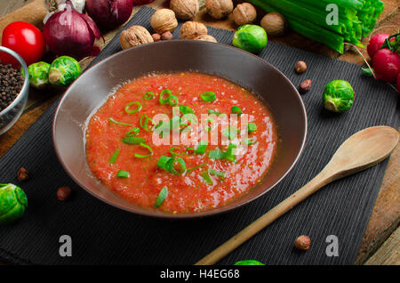 Hot salsa tomato with spring onion and red pepper on wood plate with garnish Stock Photo