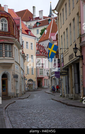With its cobblestone streets and narrow lanes, Tallinn's Old Town is a popular visitor attraction as a preserved medieval venue. Stock Photo