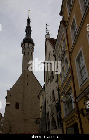 Dating to 1404, the towering Gothic-style Town Hall is the oldest of its kind in northern Europe, Old Town Tallinn, Estonia. Stock Photo