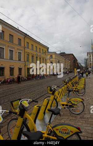 Rental bikes are available in this handy location on Senate Square in downtown Helsinki, Finland. Stock Photo