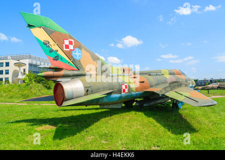 KRAKOW MUSEUM OF AVIATION, POLAND - JUL 27, 2014:  military fighter aircraft on exhibition in outdoor museum of aviation history in Krakow, Poland. In summer often airshows take place here. Stock Photo