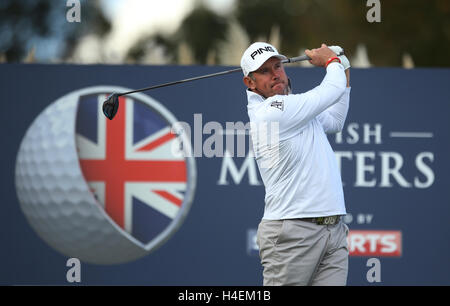 England's Lee Westwood tees off on the 17th hole during day three of The British Masters at The Grove, Chandler's Cross. Stock Photo