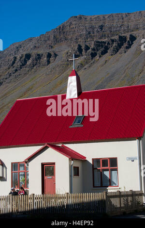 Iceland, West Fjords, Isafjordur, Old Town. Historic church with red roof. Stock Photo