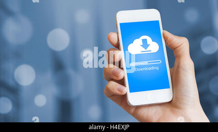 Cloud download to mobile phone from stored data on server Stock Photo