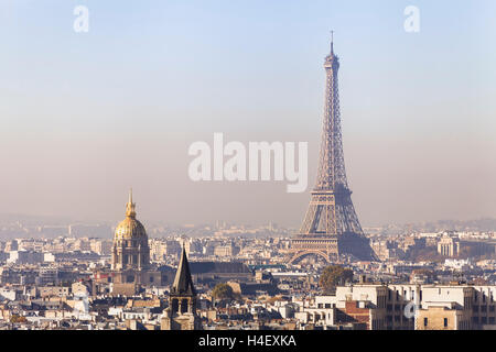 Pollution in Paris, aerial view of Eiffel Tower with smog in background Stock Photo