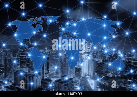 World map connection and blurred city of business center. Technology and network connection concept. Stock Photo