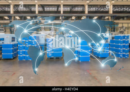 World international map connection connect network with blurred distribution logistic cargo warehouse background, Transportation Stock Photo