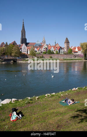 Cityscape and people on the Danube bank, Ulm, Baden-Wuerttemberg Stock Photo