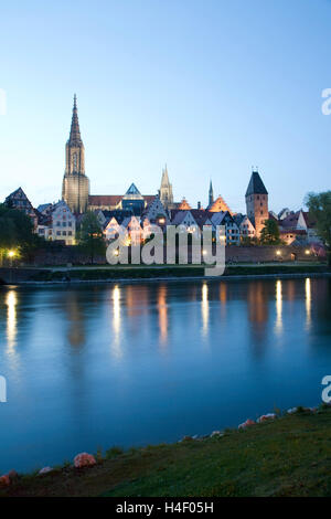 Cityscape in the evening, Danube, Ulm, Baden-Wuerttemberg Stock Photo