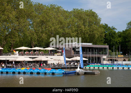 Aaseeterrassen restaurant, harbour, Aasee Lake, Muenster, Muensterland, North Rhine-Westfalia, Germany, Europa Stock Photo