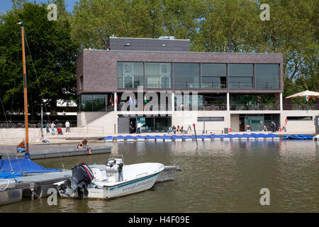Aaseeterrassen restaurant, harbour, Aasee Lake, Muenster, Muensterland, North Rhine-Westfalia, Germany, Europa Stock Photo