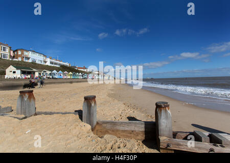 Town of Southwold, England. Picturesque view of wooden beach groynes at Southwold beach. Stock Photo