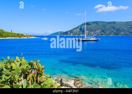 Luxury yacht boat on blue sea with green cacti plants in foreground on coast of Kefalonia island near Fiskardo village, Greece Stock Photo