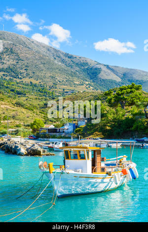 Traditional greek fishing boat in port of Zola village, Kefalonia island, Greece Stock Photo