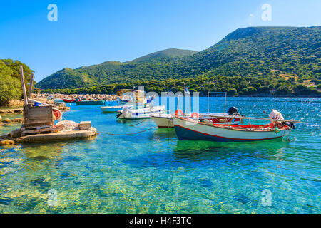 Greek fishing boats on turquoise sea water, Kefalonia island, Greece Stock Photo