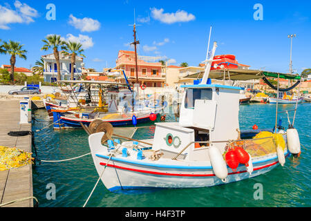 Colorful traditional Greek fishing boats in port of Lixouri town, Kefalonia island, Greece Stock Photo