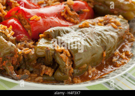 Traditional Moroccan dish with stuffed bell peppers and rice close up Stock Photo
